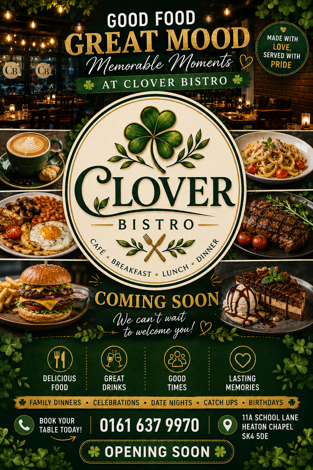 Clover Bistro opening soon poster with food and drinks